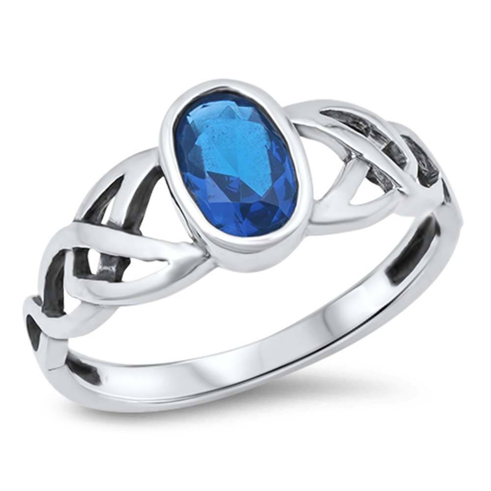 Sterling Silver Celtic Design Blue Sapphire Color Oval CZ RingAnd Face Height 8mm