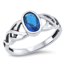 Load image into Gallery viewer, Sterling Silver Celtic Design Blue Sapphire Color Oval CZ RingAnd Face Height 8mm