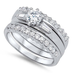 Sterling Silver Clear Round Solitaire CZ on 6 Prong Setting with Tapered Baguette on Both Side Bridal Set Band Inlaid with Pave CZ, Face Height of 10MM