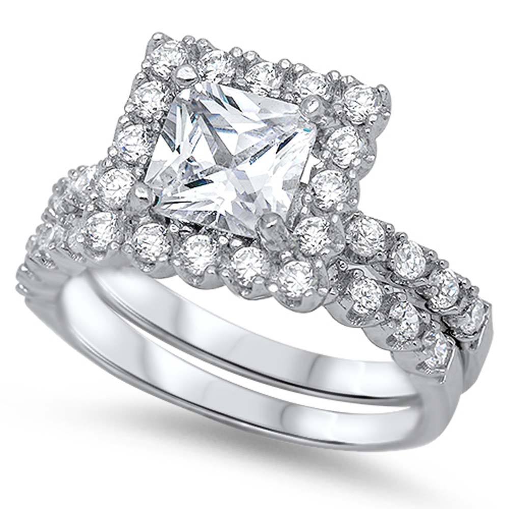 Sterling Silver Clear Princess Cut Solitaire CZ with Halo Pave Setting Bridal Set Band Inlaid with Pave CZ, Face Height of 12MM