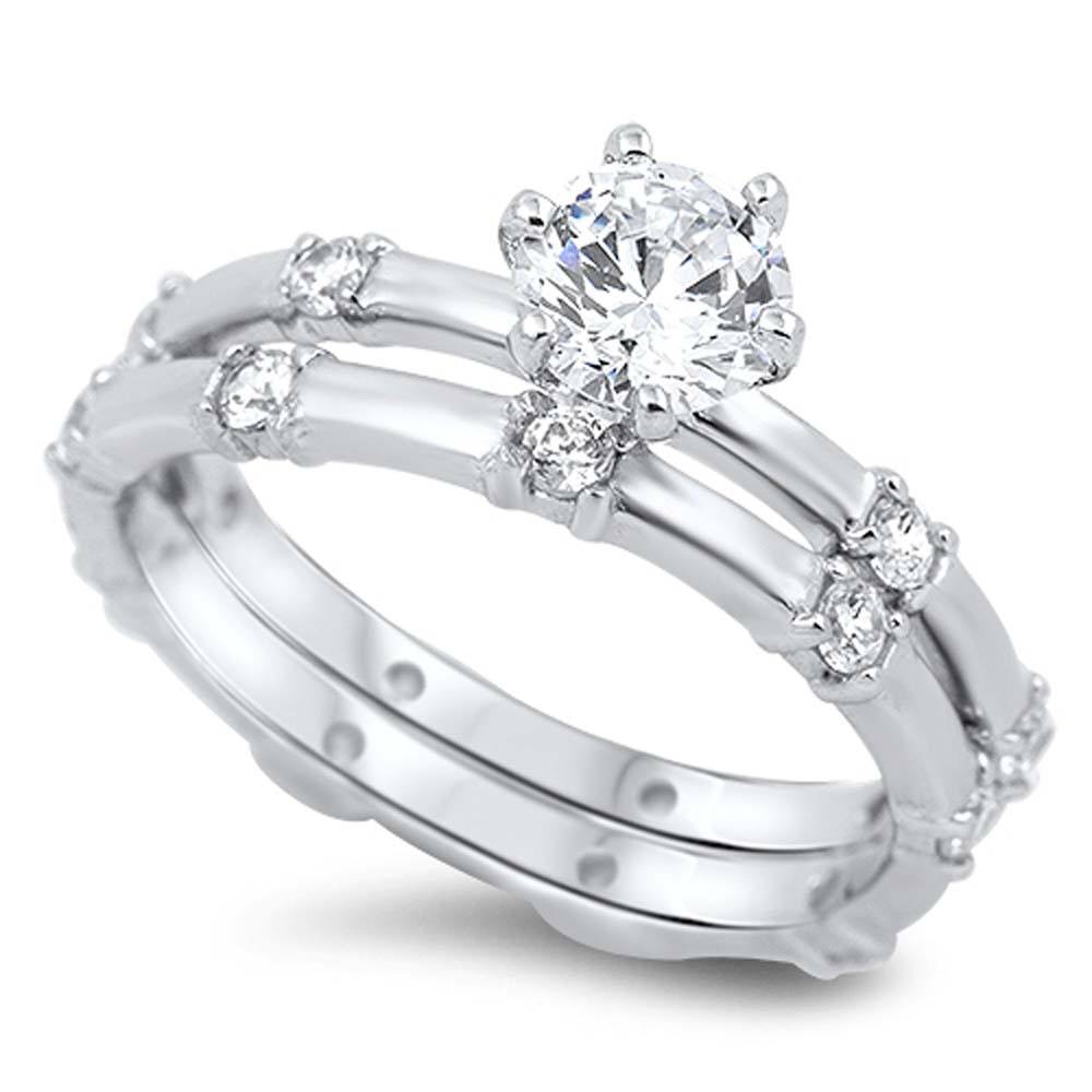 Sterling Silver Round Cut Solitaire Simulated Diamond Bridal Set with Multi Round Cut Simulated Diamonds on Half-Bezel Setting with Rhodium Finish