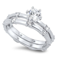 Sterling Silver Round Cut Solitaire CZ Bridal Set with Multi Round Cut CZ on Half-Bezel Setting with Rhodium Finish