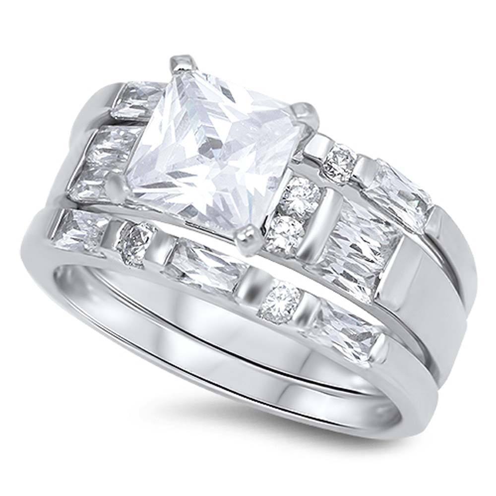 Sterling Silver Bridal Set Band Inlaid with Straight Baguette and Round CZ with Centered Clear Princess Cut Solitaire CZ, Face Height of 8MM
