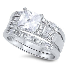 Sterling Silver Classy Bridal Set Band Inlaid with Straight Baguette and Round CZ with Centered Clear Princess Cut Solitaire CZ, Face Height of 8MM