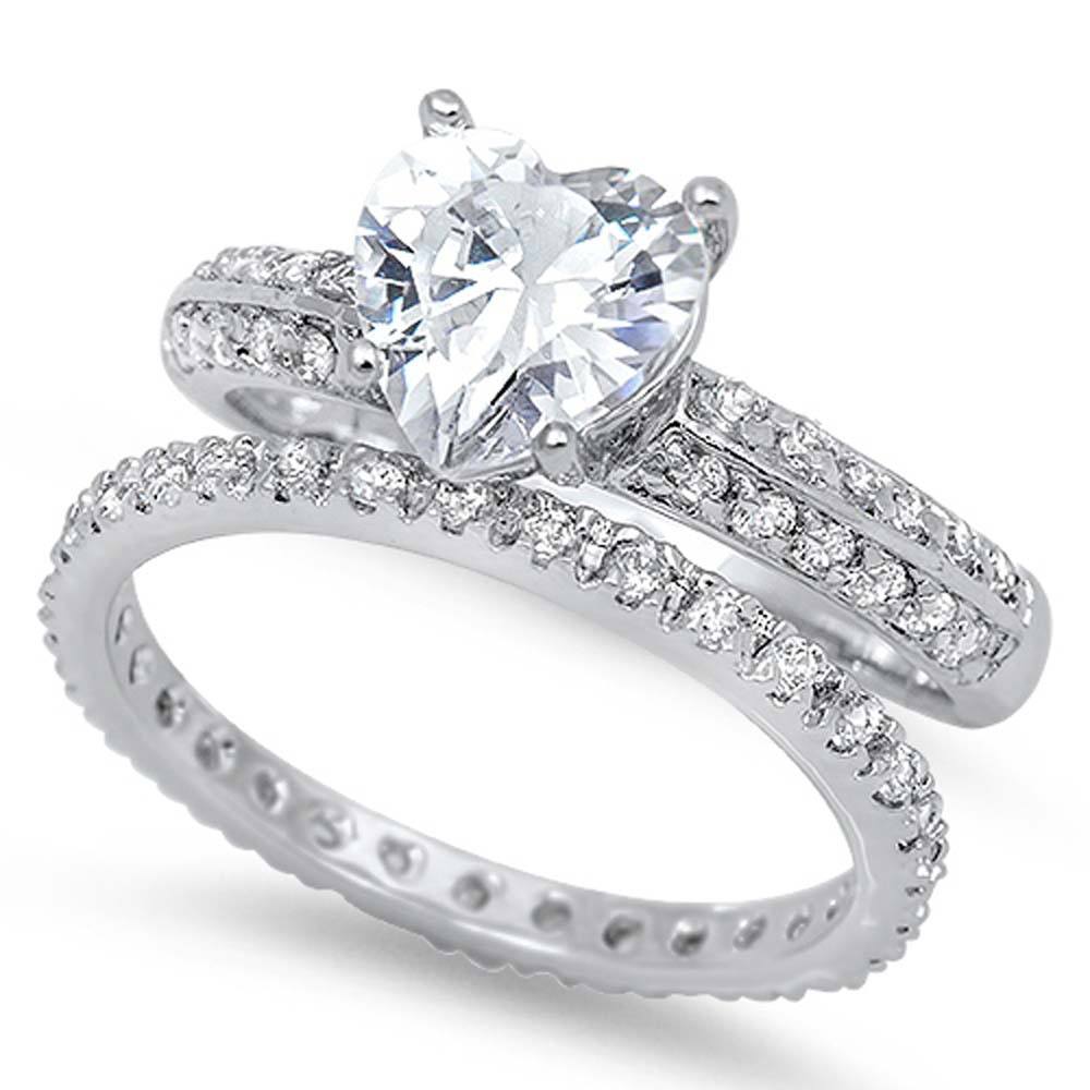 Sterling Silver Clear Heart Cut Solitaire CZ Bridal Set Eternity Band Inlaid with Pave CZ, Face Height of 7MM