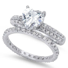 Sterling Silver Clear Heart Cut Solitaire CZ Bridal Set Eternity Band Inlaid with Pave CZ, Face Height of 7MM
