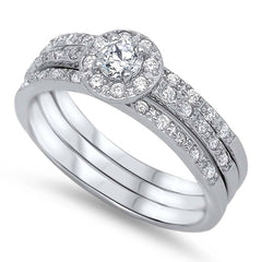 Sterling Silver Clear Round Solitaire CZ with Halo Pave Setting Bridal Set Band Inlaid with Pave CZ, Face Height of 7MM