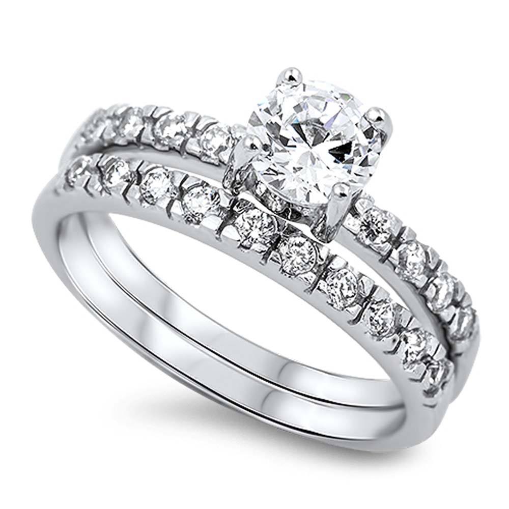 Sterling Silver Clear Round Prong CZ and Solitaire Pave Style Bridal Set with Rhodium Finish