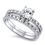 Sterling Silver Clear Round Simulated Diamond on Prong SettingAnd Classy Solitaire Pave Style Bridal Set with Rhodium Finish