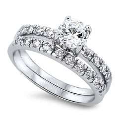 Sterling Silver Clear Round Prong CZ and Classy Solitaire Pave Style Bridal Set with Rhodium Finish