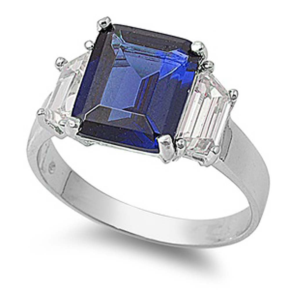 Sterling Silver Three Stones Blue Sapphire Square And Clear CZ RingAnd Face Height 11mm