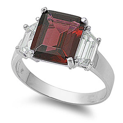 Sterling Silver Garnet Rectangle Shaped Clear CZ Rings and Face Height 11mm