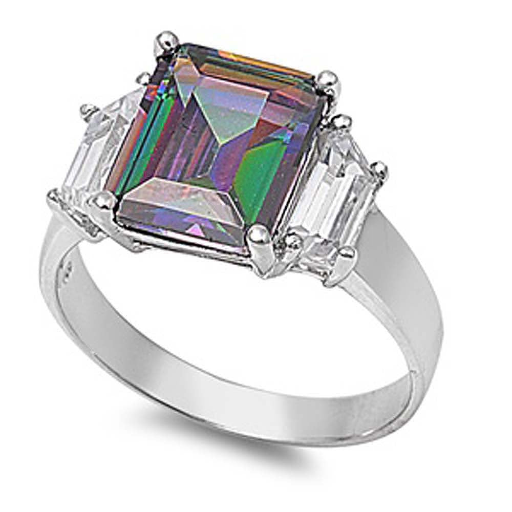 Sterling Silver Elegant 3 Stone Ring with Centered Princess Cut Rainbow Topaz Simulated Diamond On Prong SettingAnd Face Height 11MM