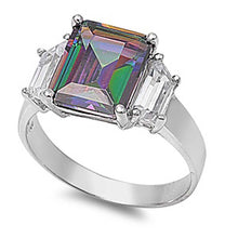 Load image into Gallery viewer, Sterling Silver Elegant 3 Stone Ring with Centered Princess Cut Rainbow Topaz Simulated Diamond On Prong SettingAnd Face Height 11MM