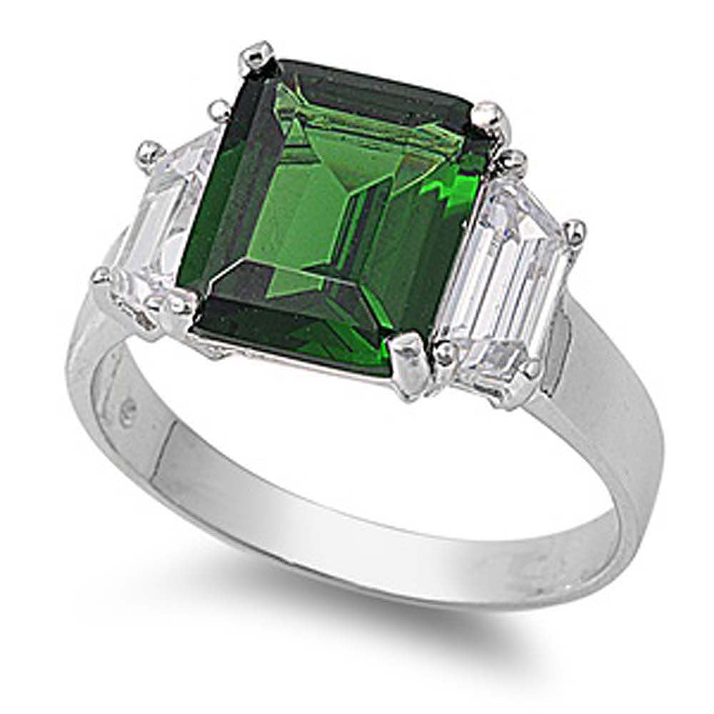 Sterling Silver Three Stones Emerald Square And Clear CZ RingAnd Face Height 11mm