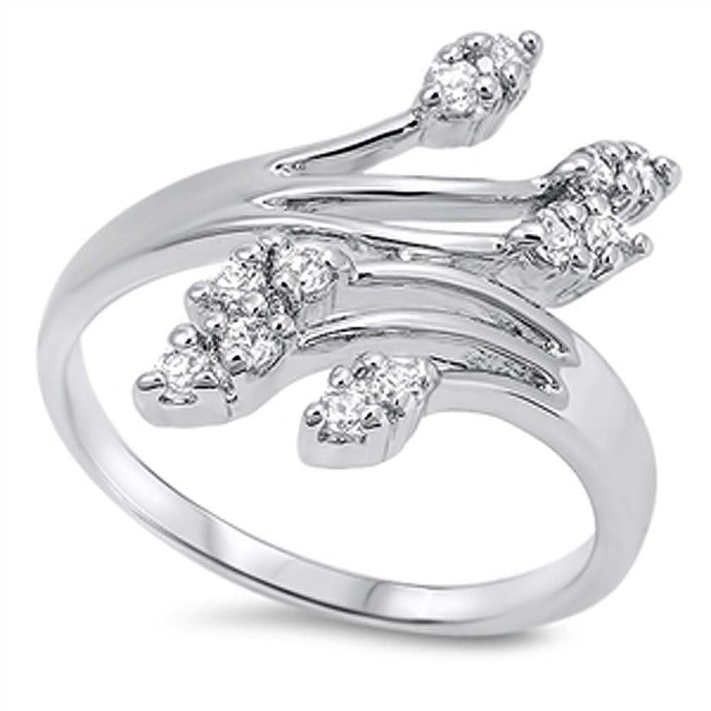 Sterling Silver Oval Leaves Shaped Clear CZ RingAnd Face Height 17mm