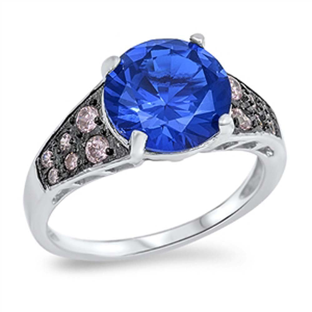 Sterling Silver Blue Sapphire Spinel Round And Pink CZ RingAnd Face Height 10mm