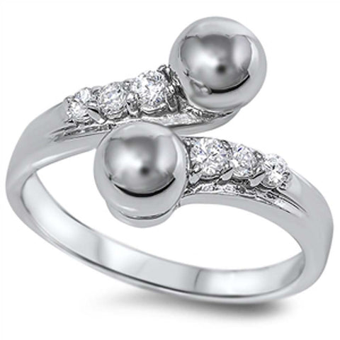 Sterling Silver Rhodium Plated Round Balls Edges Shaped Clear CZ RingAnd Face Height 15mm