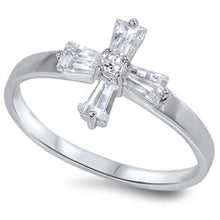 Load image into Gallery viewer, Rhodium Plated Round and Trapezoid Shape Clear CZ Fancy Cross Ring with Ring Face Height of 15MM