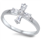 Rhodium Plated Round and Trapezoid Shape Clear CZ Fancy Cross Ring with Ring Face Height of 15MM