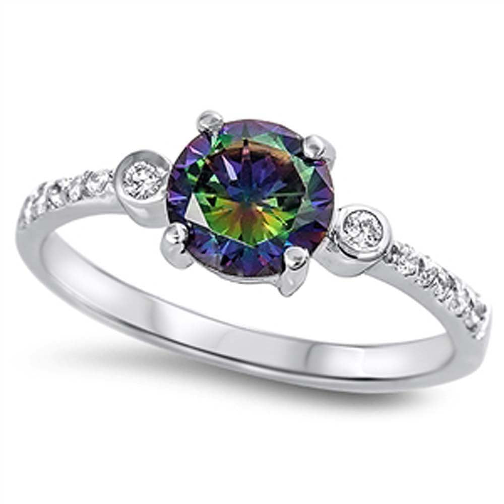Sterling Silver Solitaire Round Cut Rainbow Topaz Simulated Diamond On Prong Setting with Face Height 7MM