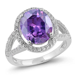 Sterling Silver Amethyst Round Cut With Clear CZ RingAnd Face Height 16mmAnd Band Width 3mm