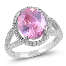 Load image into Gallery viewer, Sterling Silver Pink Round Cut With Clear CZ RingAnd Face Height 16mmAnd Band Width 3mm