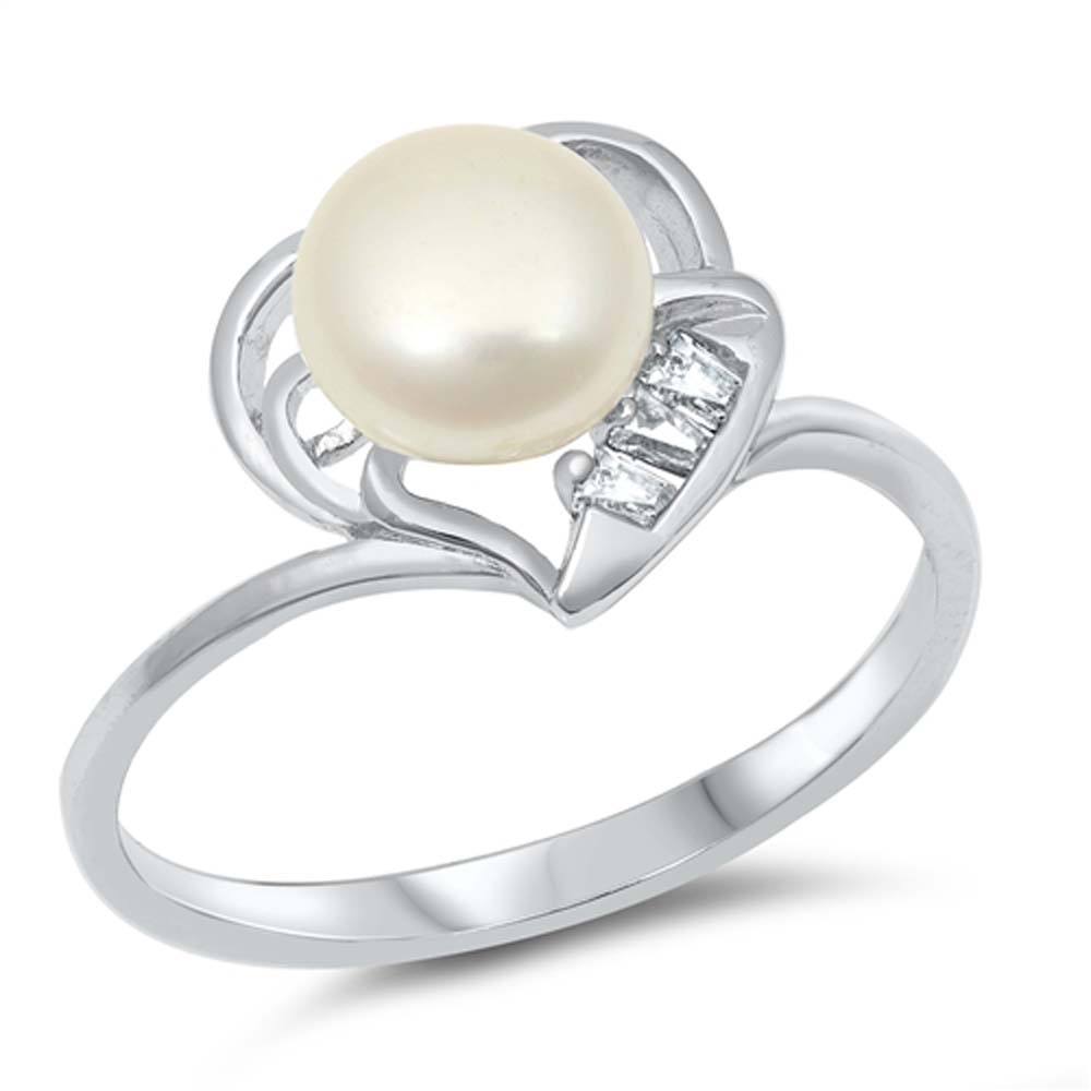 Sterling Silver Heart With Pearl Clear CZ RingAnd Face Height 11mmAnd Band Width 2mm