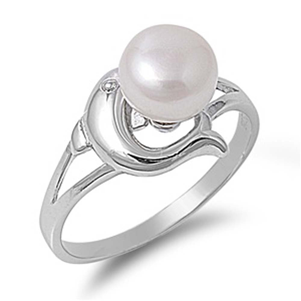 Sterling Silver Dolphin With Pearl Shaped Clear CZ RingAnd Face Height 11mmAnd Band Width 2mm