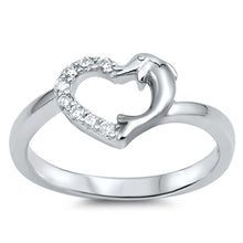 Load image into Gallery viewer, Sterling Silver Dolphin Heart Shaped Clear CZ RingAnd Face Height 9mmAnd Band Width 2mm