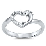 Sterling Silver Dolphin Heart Shaped Clear CZ RingAnd Face Height 9mmAnd Band Width 2mm