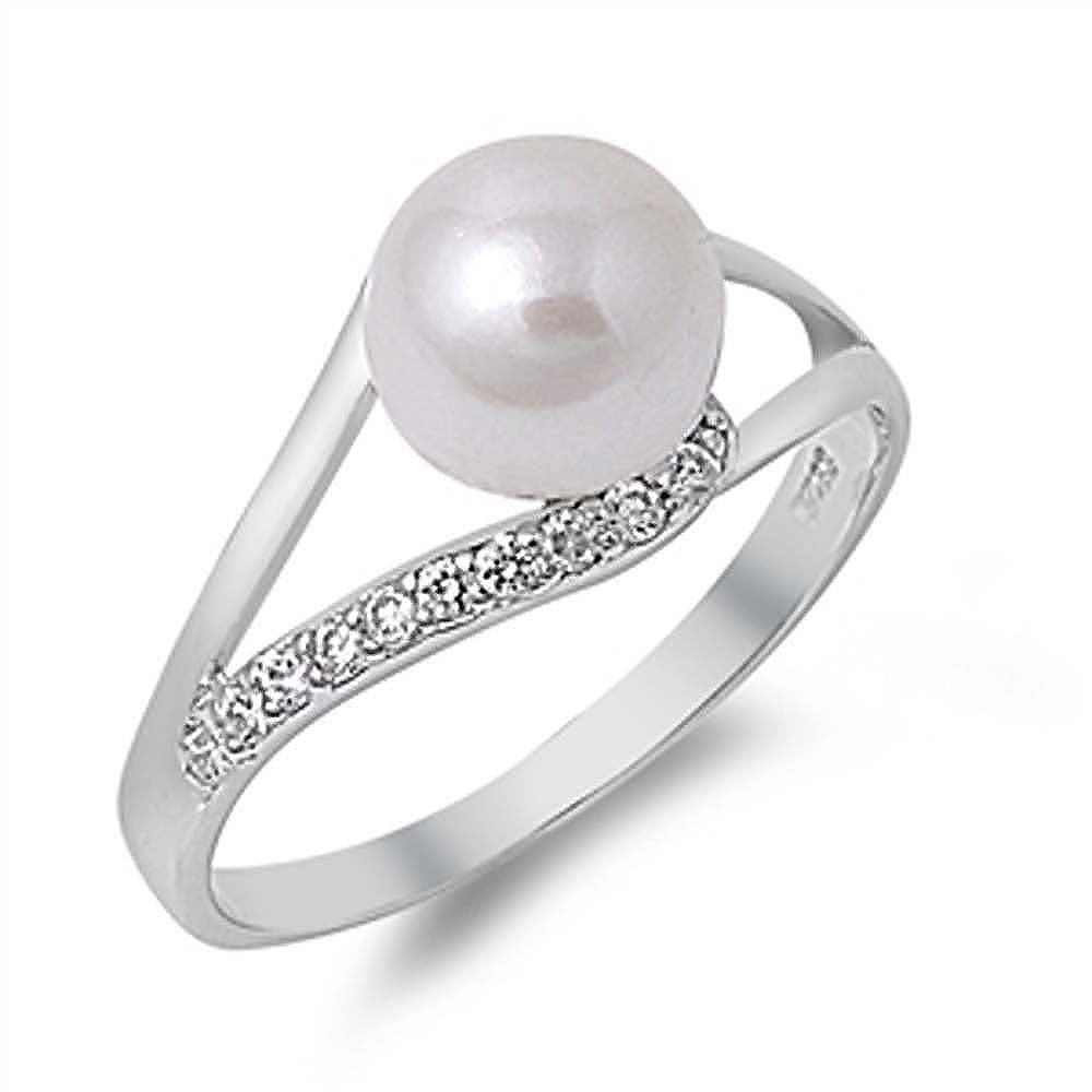 Sterling Silver Loop Lock With Pearl Shaped Clear CZ RingAnd Face Height 10mmAnd Band Width 2mm