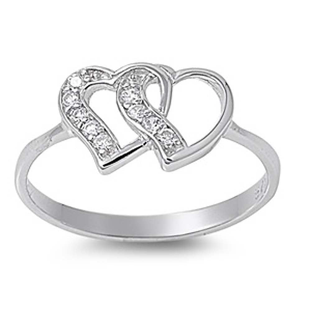 Sterling Silver Linking Hearts Shaped Clear CZ RingAnd Face Height 10mm