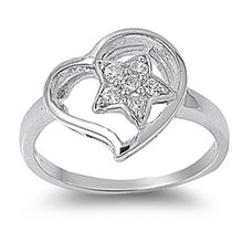 Load image into Gallery viewer, Sterling Silver Heart And Star Shaped Clear CZ RingAnd Face Height 14mmAnd Band Width 3mm