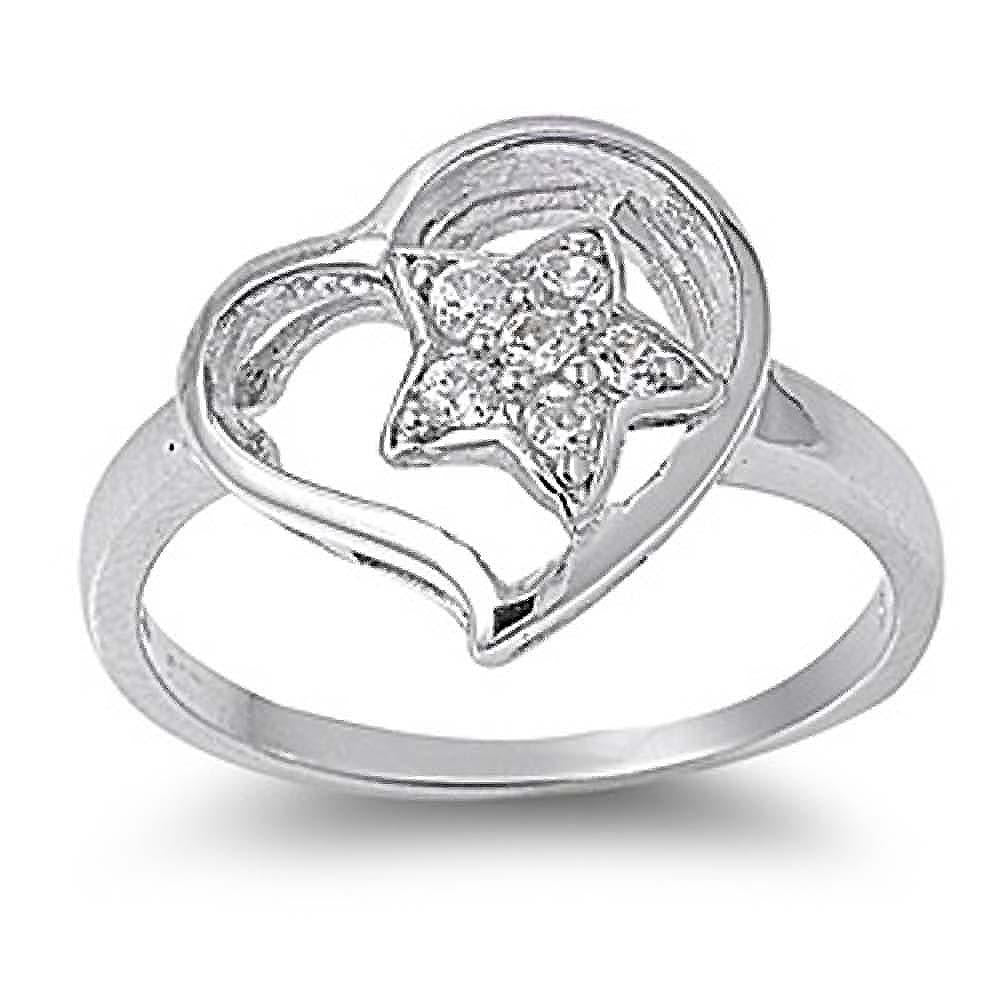 Sterling Silver Heart And Star Shaped Clear CZ RingAnd Face Height 14mmAnd Band Width 3mm