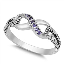 Load image into Gallery viewer, Sterling Silver Modish Infinity Design with Amethyst Czs Inlaid Rope Open Cut Band Ring with Face Height of 7MM