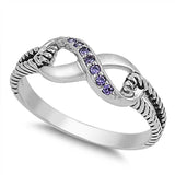 Sterling Silver Modish Infinity Design with Amethyst Czs Inlaid Rope Open Cut Band Ring with Face Height of 7MM