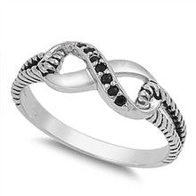 Load image into Gallery viewer, Sterling Silver Modish Infinity Design with Black Czs Inlaid Rope Open Cut Band Ring with Face Height of 7MM