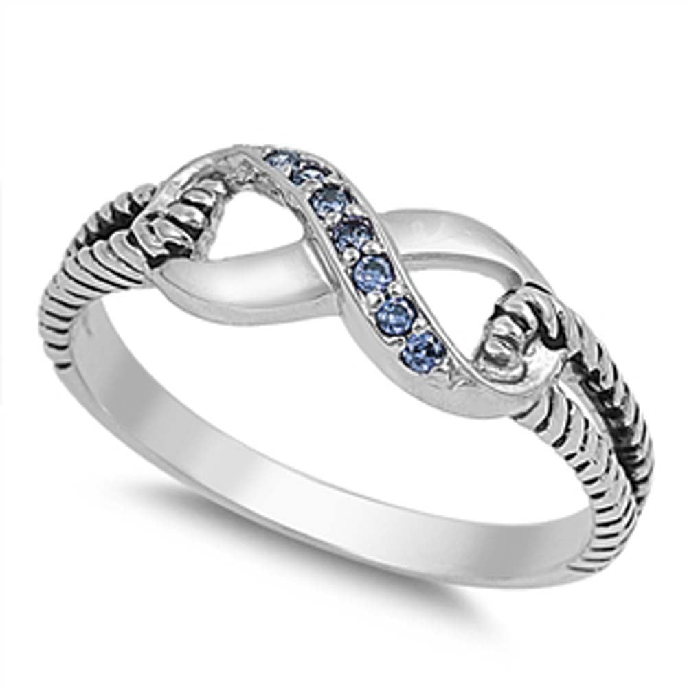 Sterling Silver Modish Infinity Design with Blue Sapphire Czs Inlaid Rope Open Cut Band Ring with Face Height of 7MM