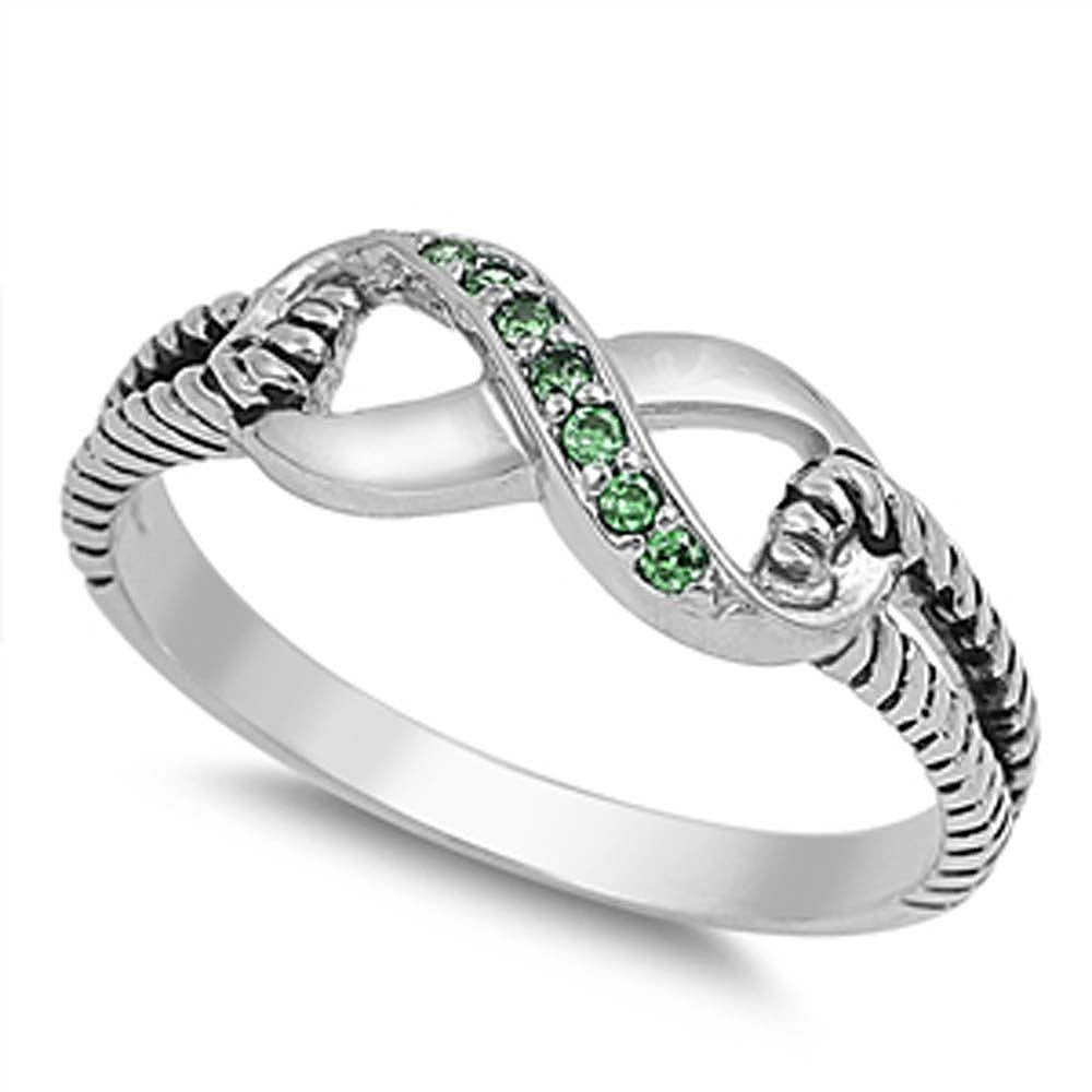 Sterling Silver Modish Infinity Design with Emerald Czs Inlaid Rope Open Cut Band Ring with Face Height of 7MM