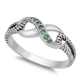 Sterling Silver Modish Infinity Design with Emerald Czs Inlaid Rope Open Cut Band Ring with Face Height of 7MM