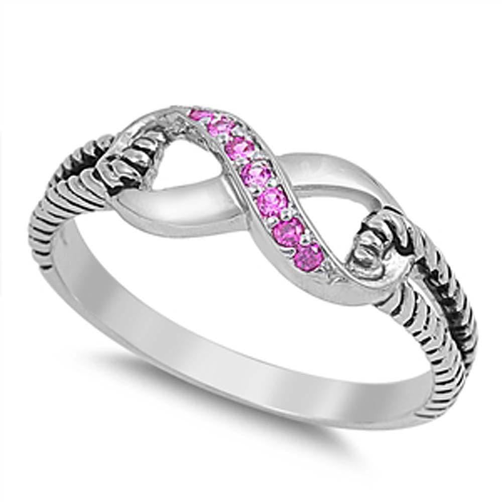 Sterling Silver Modish Infinity Design with Pink Czs Inlaid Rope Open Cut Band Ring with Face Height of 7MM