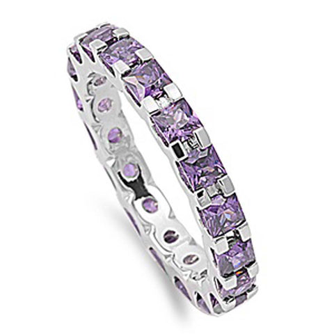Sterling Silver Amethyst Square Cut CZ Ring and Face Height 3mm