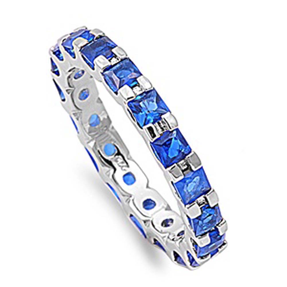 Sterling Silver Classy Blue Sapphire Square Cut CZ RingAnd Face Height 3mm