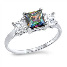 Load image into Gallery viewer, Sterling Silver Elegant 3 Stone Princess Cut Ring with Centered Rainbow Topaz Simulated Diamond On Prong SettingAnd With Face Height 7MM