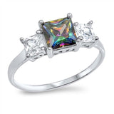 Sterling Silver Elegant 3 Stone Princess Cut Ring with Centered Rainbow Topaz Simulated Diamond On Prong SettingAnd With Face Height 7MM