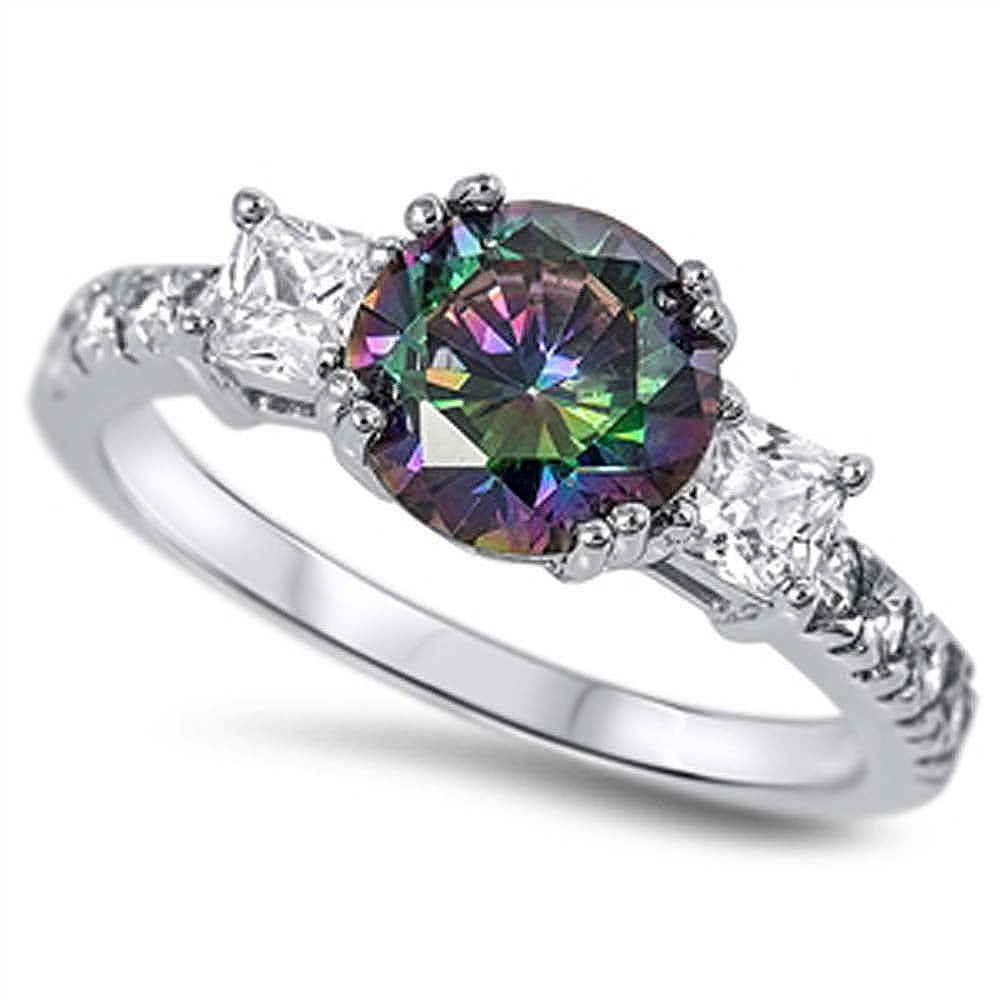 Sterling Silver Elegant 3 Stone Ring with Centered Rainbow Topaz Simulated Diamond On Prong SettingAnd Face Height 8MM