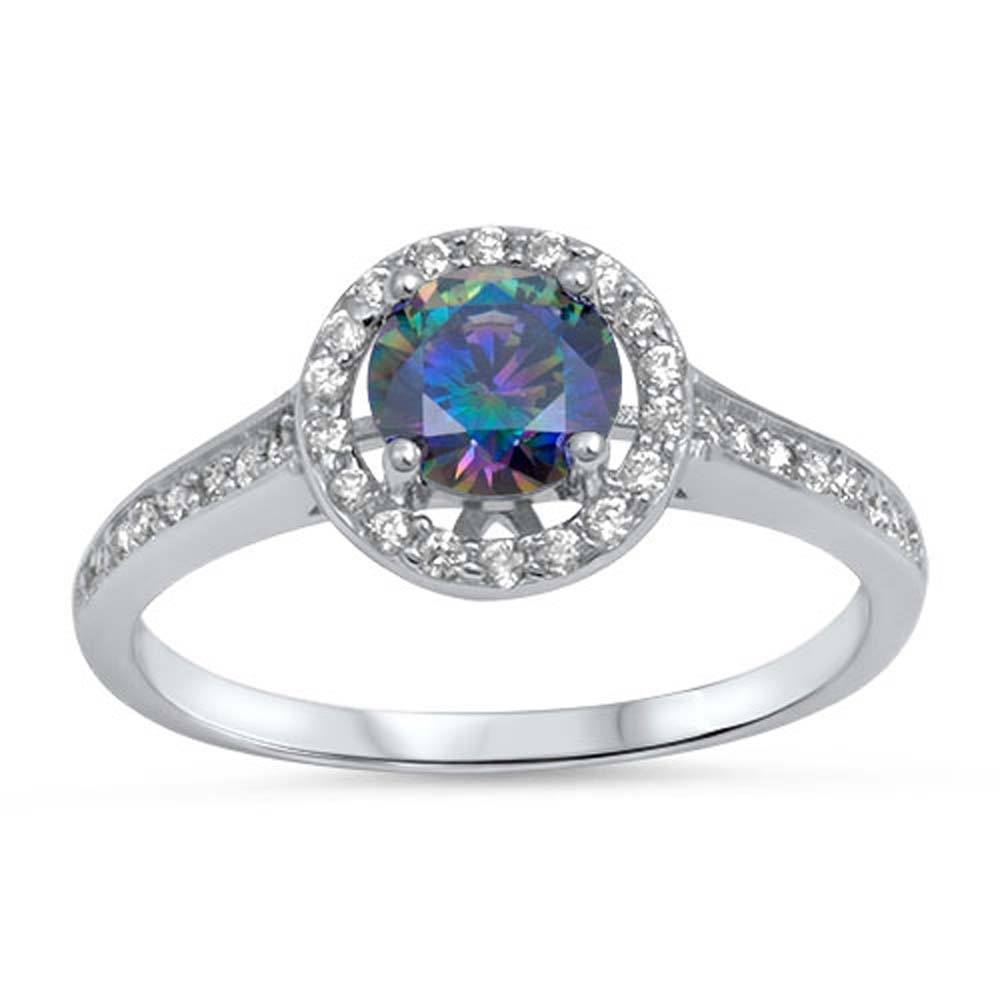 Sterling Silver Solitaire Halo Ring with Centered Round Cut Rainbow Topaz Simulated DiamondAnd Face Height 10MM