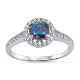 Sterling Silver Solitaire Halo Ring with Centered Round Cut Rainbow Topaz Simulated DiamondAnd Face Height 10MM
