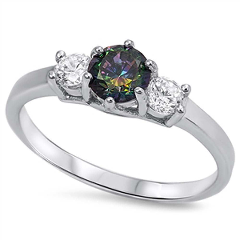 Sterling Silver Elegant 3 Stone Ring with Centered Rainbow Topaz Simulated Diamond On Prong SettingAnd Face Height 6MM